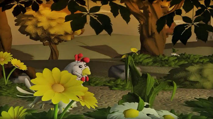 an animated chicken in a forrest