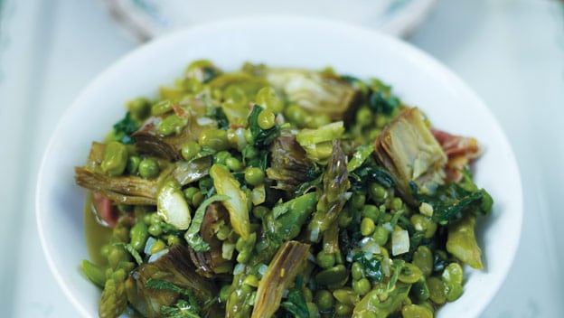 Italian vegetable stew with broad beans, peas & artichokes